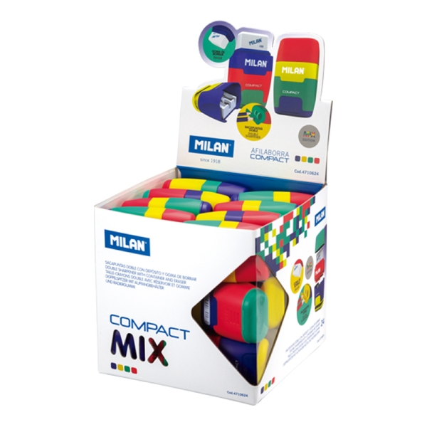 Milan Compact Mix Expositor con 24 Afilaborras - Goma Miga de Pan - Deposito Integrado - Cuchilla de Acero de Seguridad - Colores Surtidos