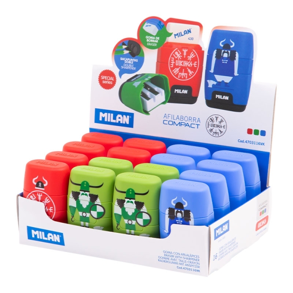 Milan Compact Vikings Expositor con 16 Afilaborras - Goma Miga de Pan - Regular y Maxi - Deposito Integrado - Cuchilla de Acero de Seguridad - Color Rojo