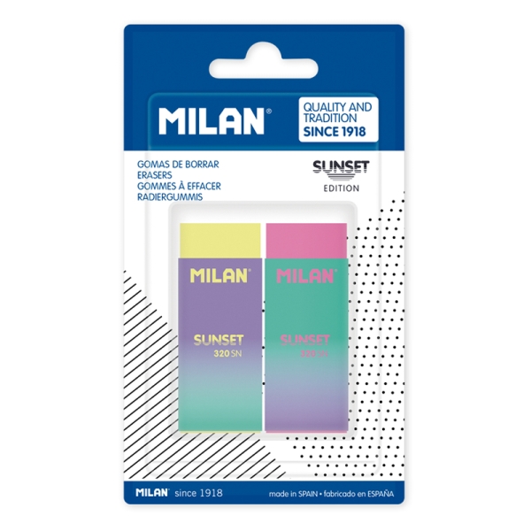 Milan Nata 320 Sunset Pack de 2 Gomas de Borrar - No Abrasiva - Colores Surtidos