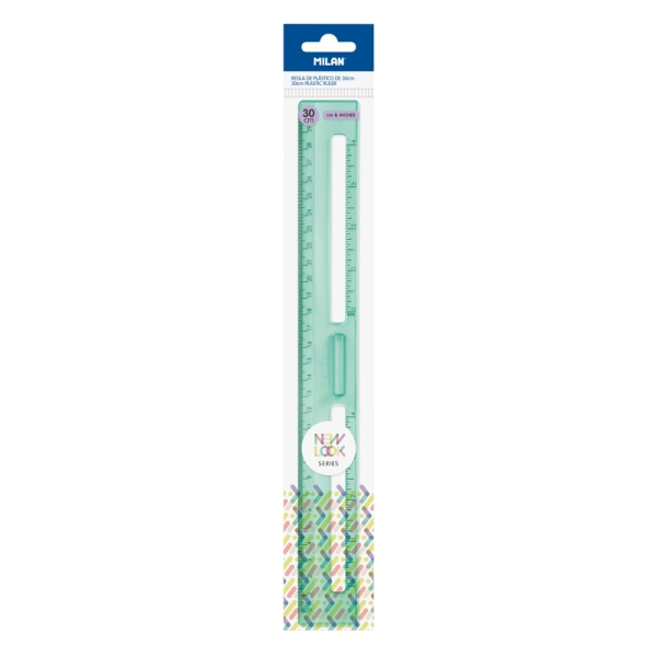 Milan New Look Regla de 30cm - Plastico Rigido - Transparente - Centimetros y Pulgadas - Color Verde