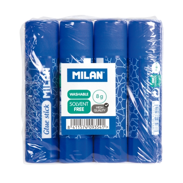 Milan Pack 4 Barras de Pegamento 8 g - Multiusos - Multisuperficies - Sin Disolventes - Uso Escolar - Color Azul