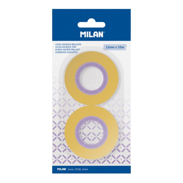 Milan Pack de 2 Cintas Adhesivas - 12mm x 33m - Color Amarillo Transparente