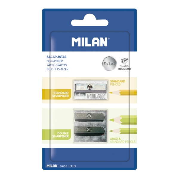 Milan Pack de 2 Sacapuntas de Aluminio Sin Deposito - 1 Estandar - 1 Doble para Normal y Maxi - Color Plata