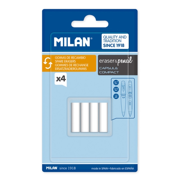 Milan Pack de 4 Gomas de Recambio para Portaminas - Compatible con Capsule y Compact - Color Blanco