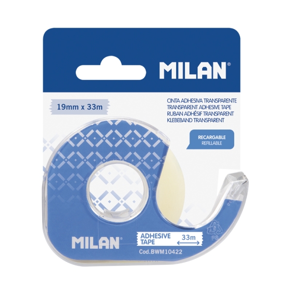 Milan Portarrollos con Cinta Adhesiva - Cinta Transparente Brillante - Hoja de Corte Metalica - 19mm x 33m - Color Azul