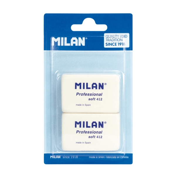 Milan Professional Soft 412 Pack de 2 Gomas de Borrar - Miga de Pan - Caucho Sintetico - Color Blanco