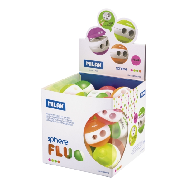 Milan Sphere Fluo Expositor con 24 Sacapuntas Doble - Regular y Maxi - Deposito Integrado - Cuchilla de Acero de Seguridad - Colores Surtidos