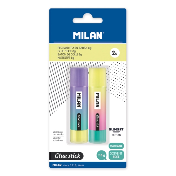 Milan Sunset Pack de 2 Barras de Pegamento 8g - Multiusos - Multisuperficies - Sin Disolventes - Uso Escolar - Color Azul Marino