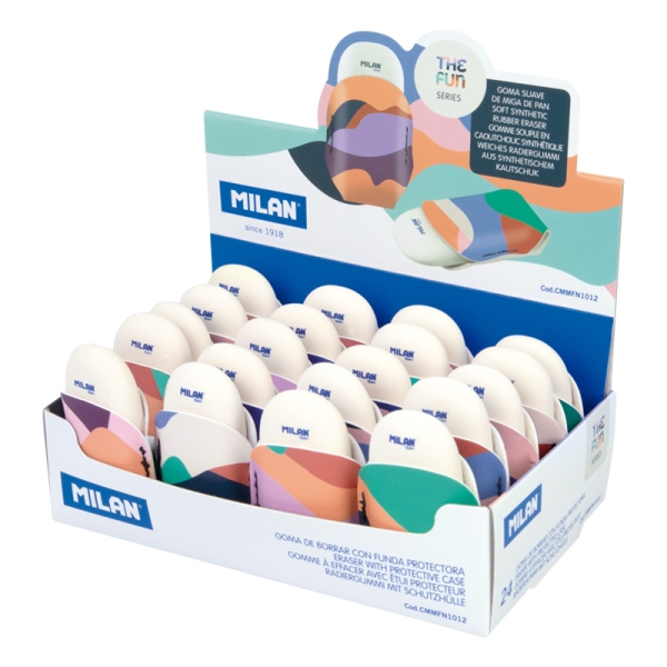Milan The Fun 1012 Expositor con 24 Gomas de Borrar con Funda - Miga de Pan - Caucho Sintetico - Ovaladas - Colores Surtidos