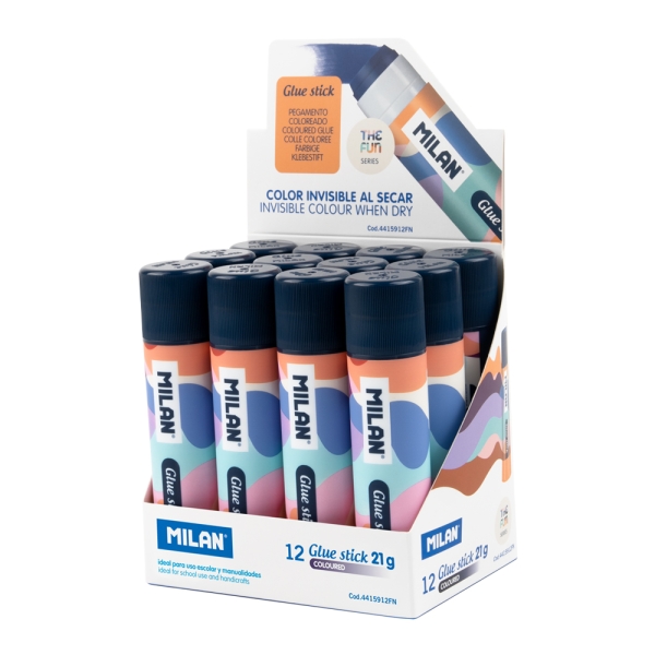 Milan The Fun Expositor con 12 Barras de Pegamento 21g - Multiusos - Multisuperficies - Sin Disolventes - Uso Escolar - Multicolor
