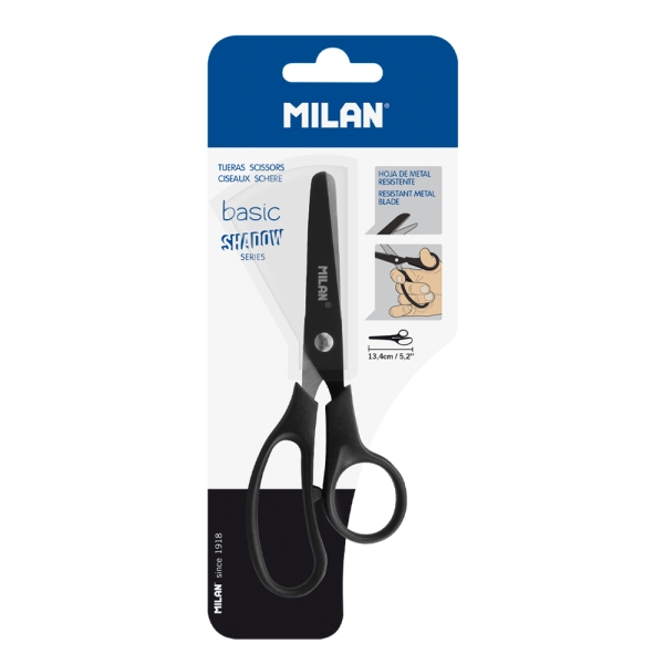 Milan Basic Shadow Tijeras de 13.4cm - Mango Ergonomico - Punta Redondeada - Hoja de Acero Inoxidable - Color Negro