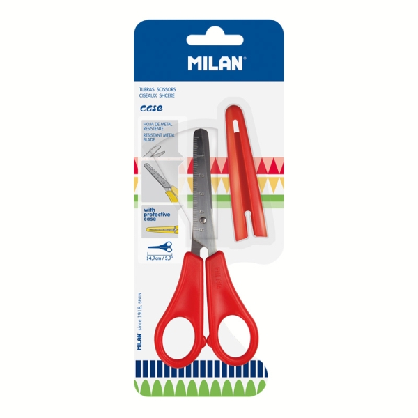 Milan Tijeras con Funda - Regla Integrada de 5cm - Punta Redondeada - Acero Inoxidable de 14.7cm - Color Rojo