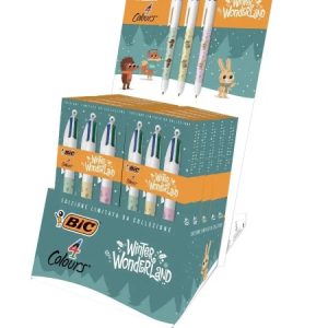 Bic 4 Colours Winter Wonderland Expositor con 10 Packs de 3 Boligrafos de Bola Retractil - Punta Media de 1.0mm - 3 Diseños Diferentes
