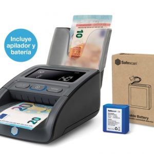 Safescac 155-S Pack de Detector Automatico de Billetes Falsos - Bateria y Apilador Incluidos - Verifica, Cuenta y Apila