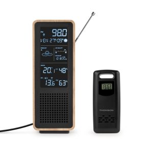 Thomson Altavoz Bluetooth con Estacion Meteorologica y Radio FM - Potencia Musical 15W - Pantalla Retroiluminada - Sonda Exterior Inalambrica - Color Madera y Negro