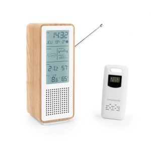 Thomson Altavoz Bluetooth con Estacion Meteorologica y Radio FM - Potencia Musical 15W - Pantalla Retroiluminada - Sonda Exterior Inalambrica - Color Madera y Blanco
