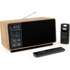 Thomson Altavoz Bluetooth con Estacion Meteorologica y Radio FM - Potencia Musical 50W - Pantalla Retroiluminada - Sonda Exterior Inalambrica - Color Madera y Negro