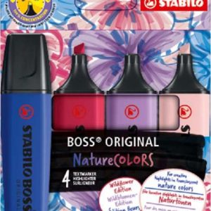 Stabilo Boss Naturecolors Wildflower Edition Pack de 4 Marcadores - Trazo entre 2 y 5mm - Tinta con Base de Agua - Colores Azul Marino, Colorete, Lila Grisaceo y Rojo Borgoña