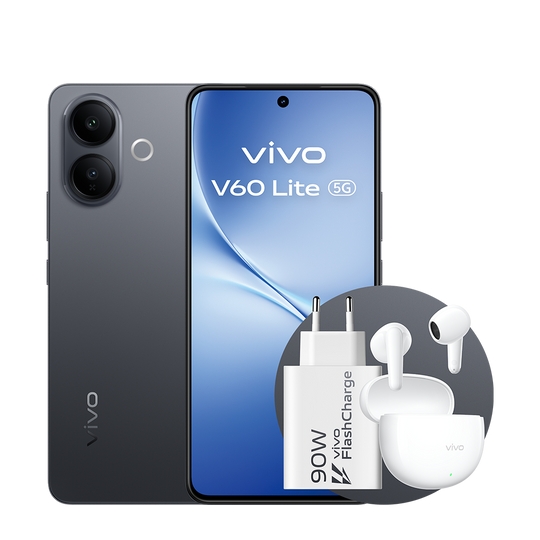 Vivo V60 Lite 5G Smartphone Pantalla 6.77" - 120Hz - 8GB - 256GB - Camara 50Mp - Bateria 6500mAh - Admite Carga de 90W - Color Negro + Cargador y Auriculares
