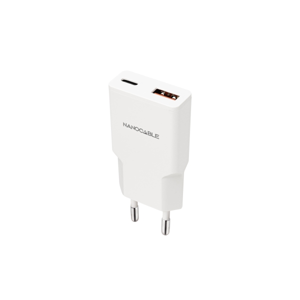 Nanocable Cargador de Pared USB-C/PD + USB-A/QC 25W - Color Blanco